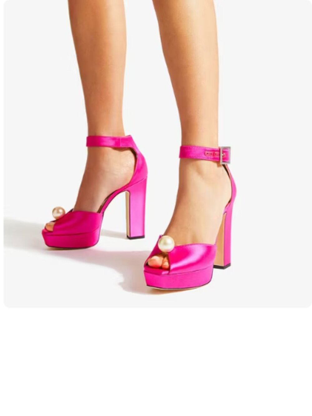 FSJ Hot Pink Satin Platform Sandals Peep Toe Pearl Ankle Strap Heels